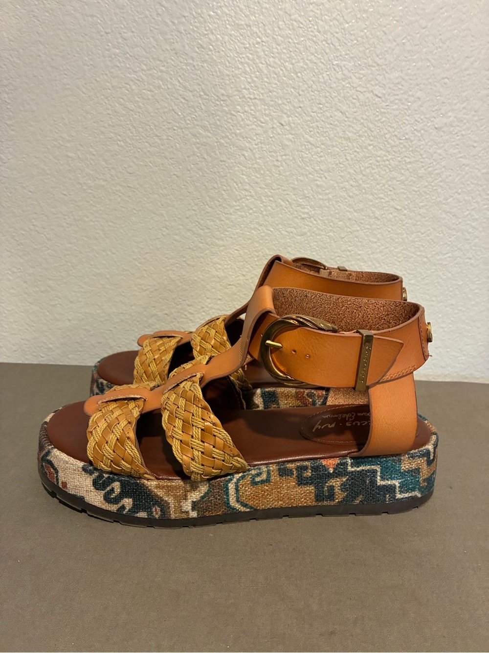 Circus by Sam Edelman Tan and Mustard Woven Platform Sandals with Ankle Buckle